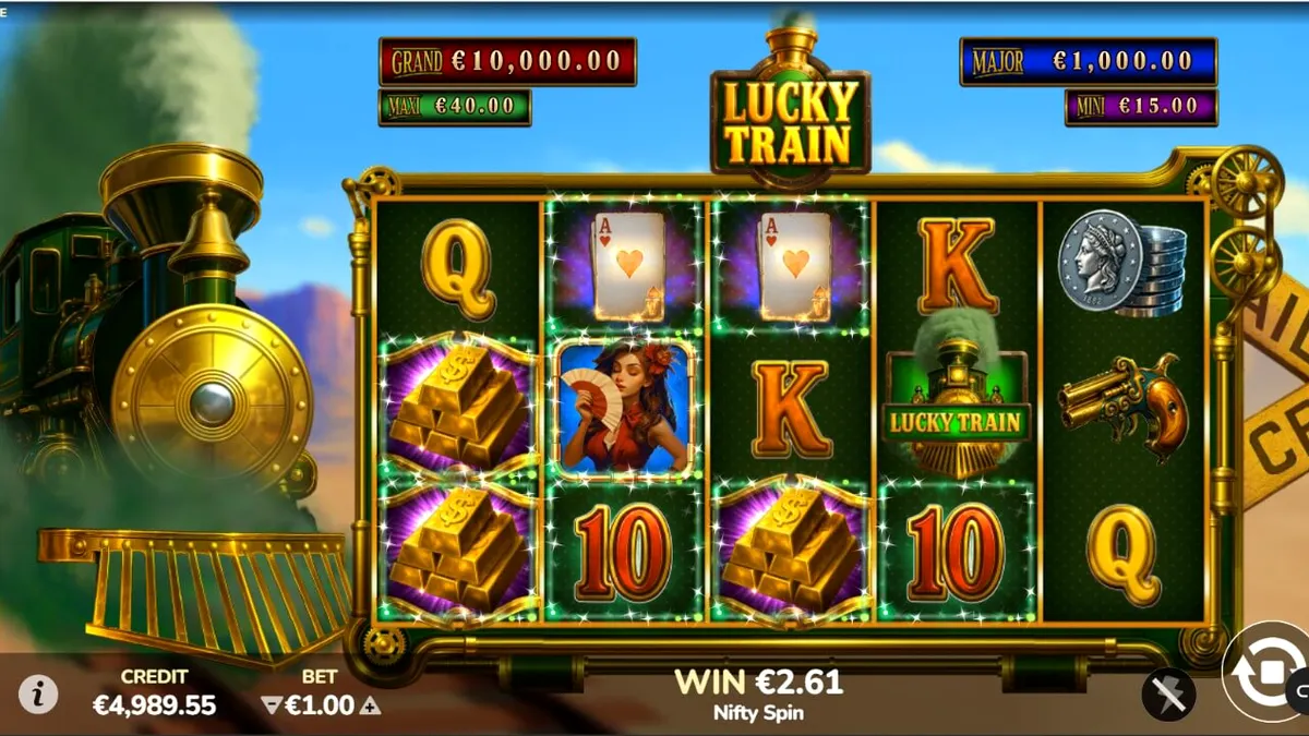 Tampilan visual slot Lucky Train dengan tema steampunk dan roda gigi mekanis.