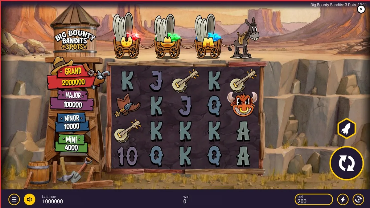 Visual animasi rubber-hose dalam slot Big Bounty Bandits: 3 Pots